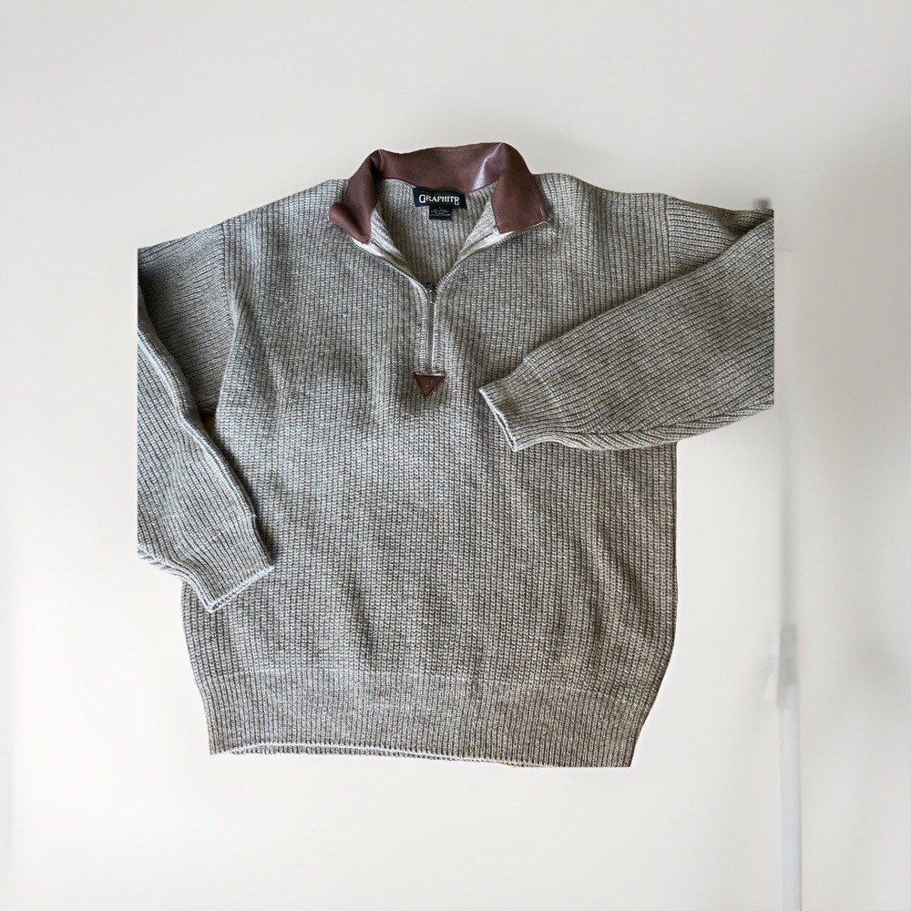 The Original Graphite Jeanswear Medium 100% Wool Sweater Faux Leather Accents